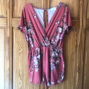 Floral romper, French Grey XL dusty rose, deep V, open back detail